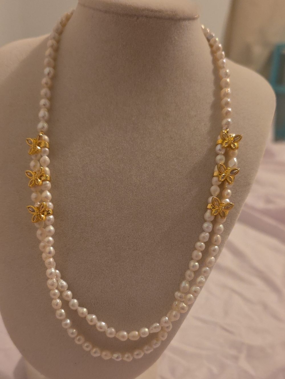 Freshwater Pearl Double Strand Necklace with Gold Butterfly Accents